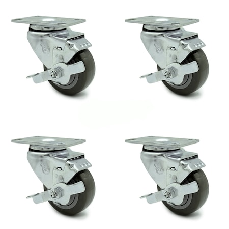 Service Caster 3.5 Inch Gray Polyurethane Wheel Swivel Top Plate Caster Set with Brake SCC SCC-20S3514-PPUB-TLB-TP2-4